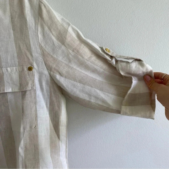 100% LINEN Ellen Tracy Striped Coastal Grandma Neutral Long Tunic Top Size S - Picture 10 of 14